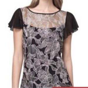 WHBM black/white floral embroidered blouse sheer flutter sleeves Size Medium